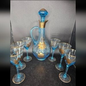 Vintage Romanian Cristo handblown aqua blue Glass, handpainted‎ with 24 k gold.